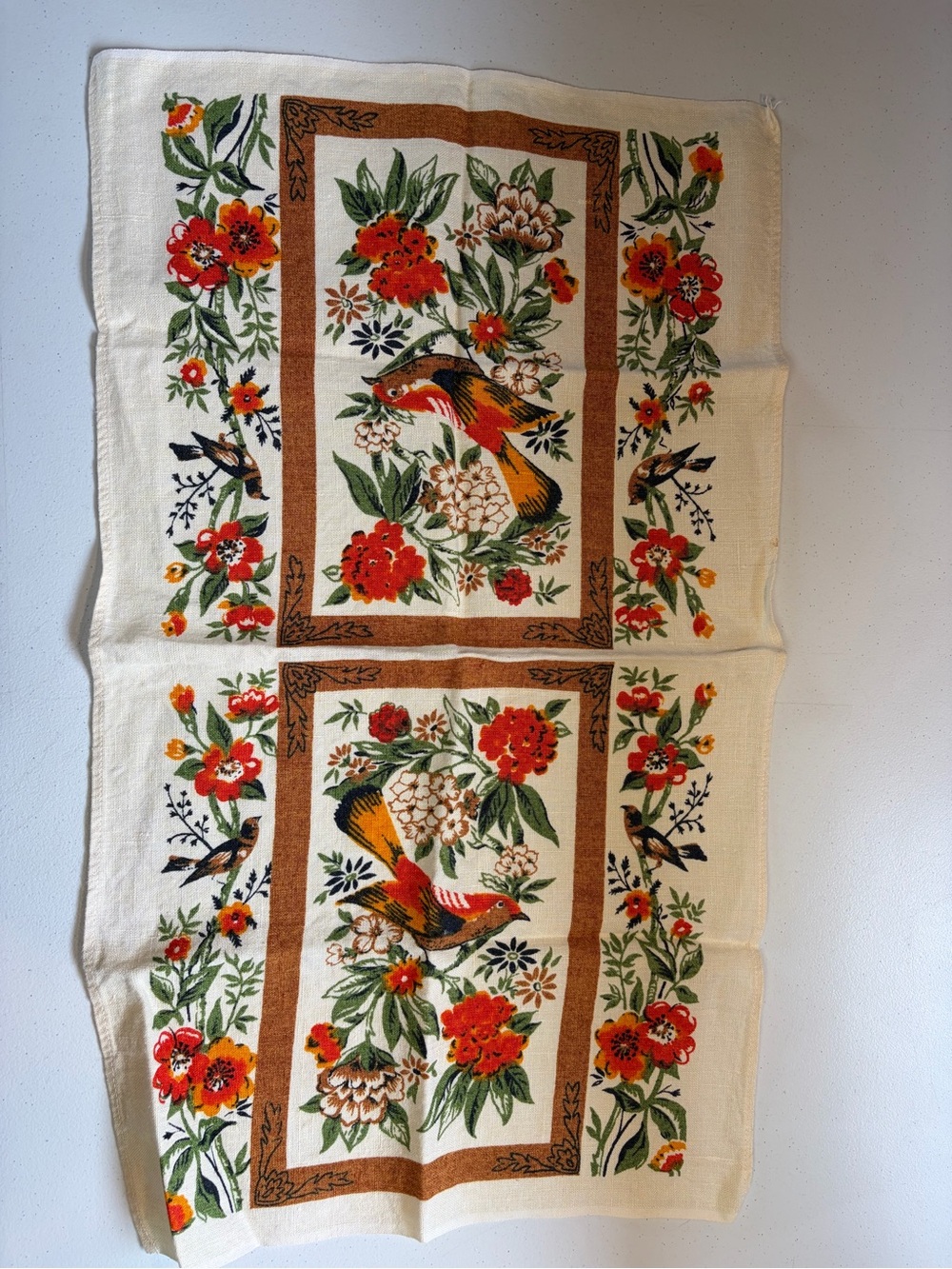 Vintage Bird Floral Linen Tea Towels 70s Mid Century Kitchen Cottagecore Decor